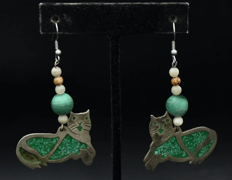 Ladies Sleek Minimal Earrings -Ladies Earrings with Custom Shine-Vintage Handmade Alpaca and Malachite Cat Earrings