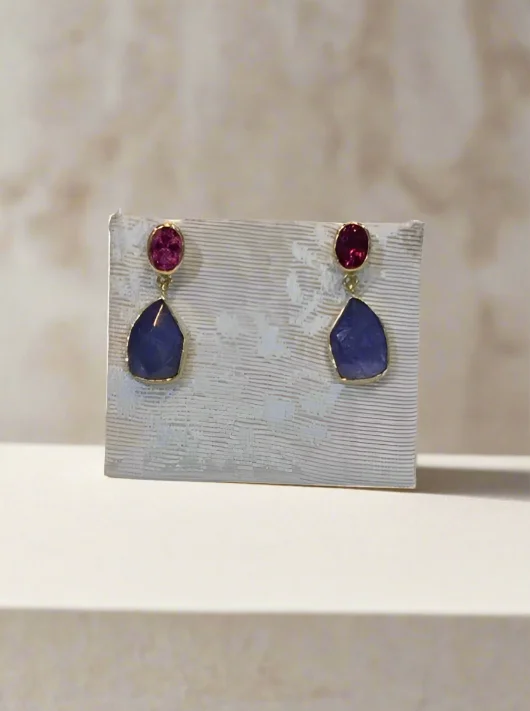 Ladies Tender Love Earrings -Ladies Earrings with Bronze Enstatite-Tanzanite funcy cut and pink tourmaline 18k earrings, one of a kind, Fine earrings, handmade earrings, Greek jewelry