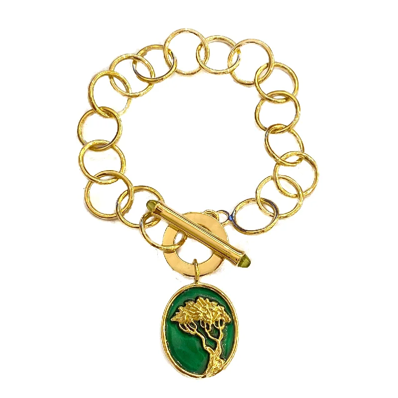 Ladies Bracelets with Sky Topaz-Ladies Blooming Floral Bracelets -Bracelet - 18k Gold with Peridot and Green Enamel Charm