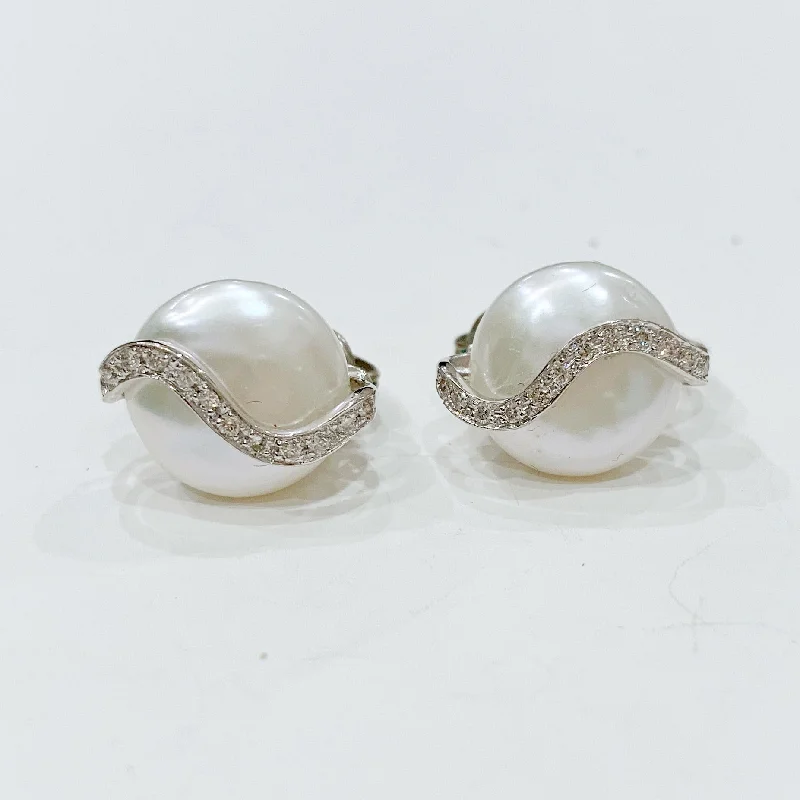 Ladies Holiday Shine Earrings -Ladies Earrings Thick Shine-Estate Collection Earrings - Vintage YVEL Diamonds &  Pearl set in 18K White Gold Clip On Style