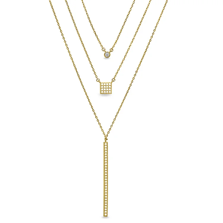 Ladies Necklaces for Night Glow-Ladies Party Glam Necklaces -Gold Finish Sterling Silver Micropave Layered Necklace with Simulated Diamonds on 16" - 18" Adjustable Chain