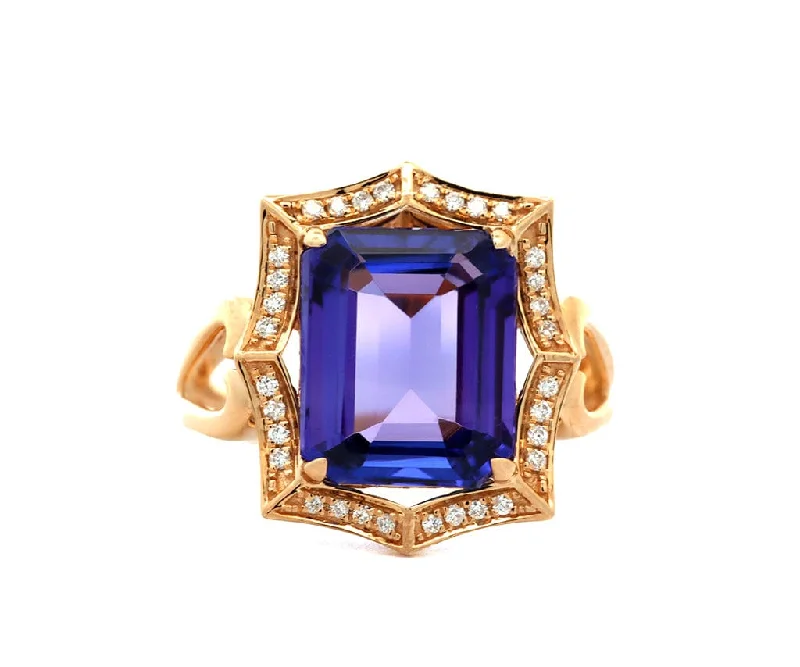 Ladies Lavender Purple Rings -Ladies Rings Twist Shine-6.09ct Tanzanite and 0.12ctw Diamond Frame Statement Ring in 18K