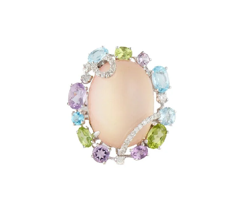 Ladies Polished Fine Rings -Ladies Rings for Mom Spark-0.25ctw Diamond Multi Gemstone Frame Quartz and MOP Doublet Ring in 14K