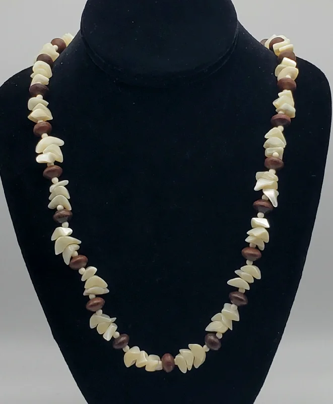 Ladies Necklaces with Bright Sunstone-Ladies Hippie Spirit Necklaces -Vintage Nacre Shell Mother-of-Pearl and Wood Bead Necklace - 26"