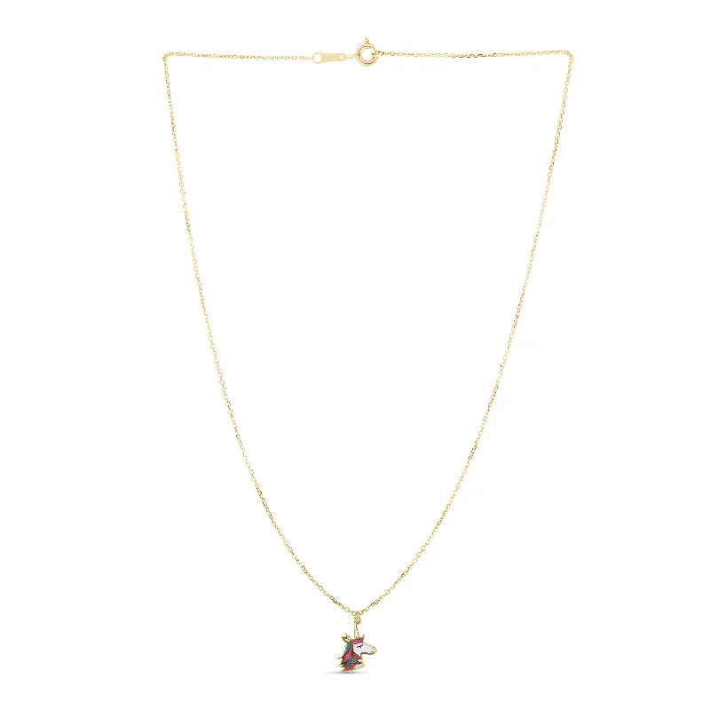 Ladies Necklaces with Sun Spark-Ladies Antique Charm Necklaces -14K Gold Enamel Unicorn Necklace