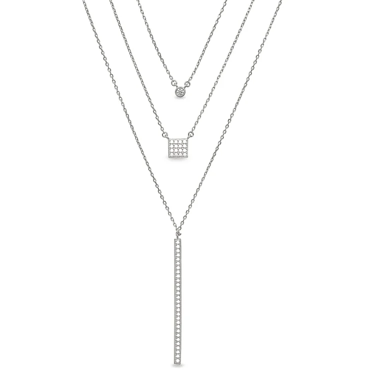 Ladies Necklaces with Key Shine-Ladies Quiet Elegance Necklaces -Platinum Finish Sterling Silver Micropave Layered Necklace with Simulated Diamonds on 16" - 18" Adjustable Chain