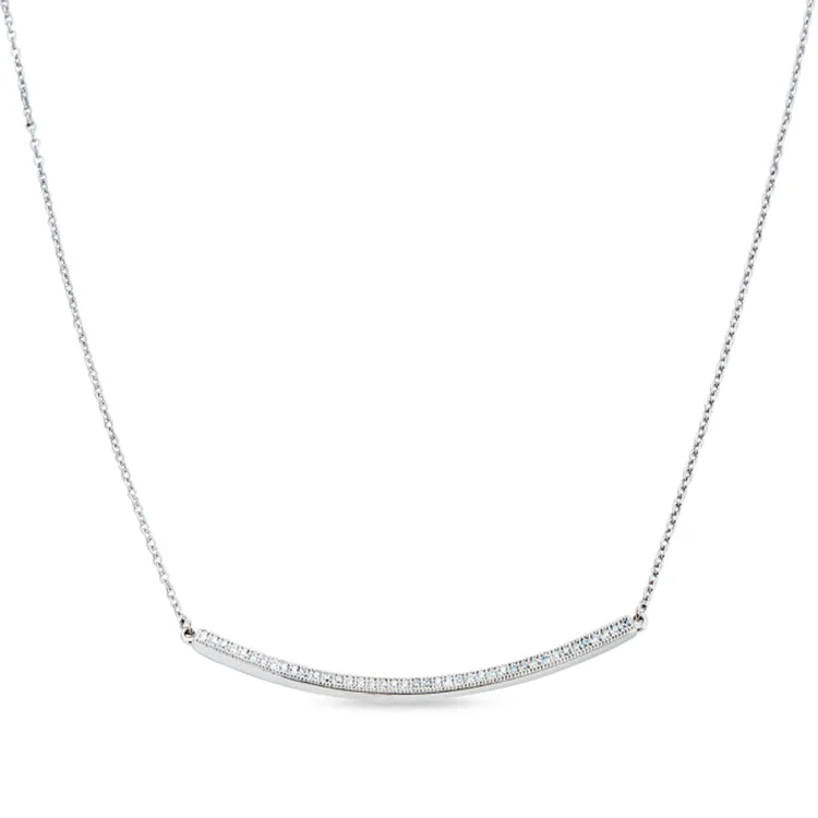 Ladies Necklaces with Square Spark-Ladies Mountain Peak Necklaces -Platinum Finish Sterling Silver Micropave Curved Bar Necklace with 41 Simulated Diamonds on 16" - 18" Adjustable Cable Chain