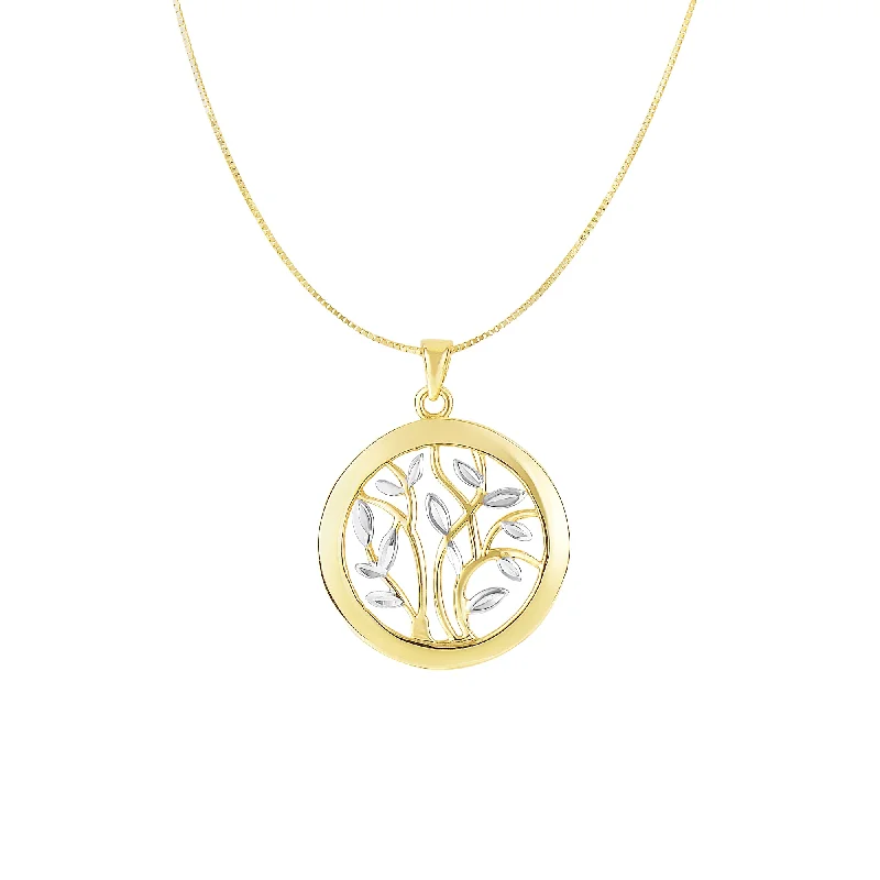 Ladies Necklaces for Gala Spark-Ladies Sophisticated Strand Necklaces -14K Two-tone Gold Tree of Life Polished Circle Necklace