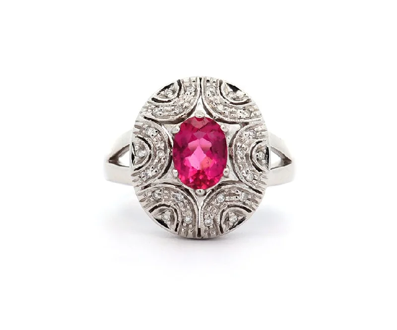 Ladies Timeless Antique Rings -Ladies Rings with Sun Glow-1.35ct Oval Pink Tourmaline and 0.10ctw Diamond Art Nouveau Ring in 14K