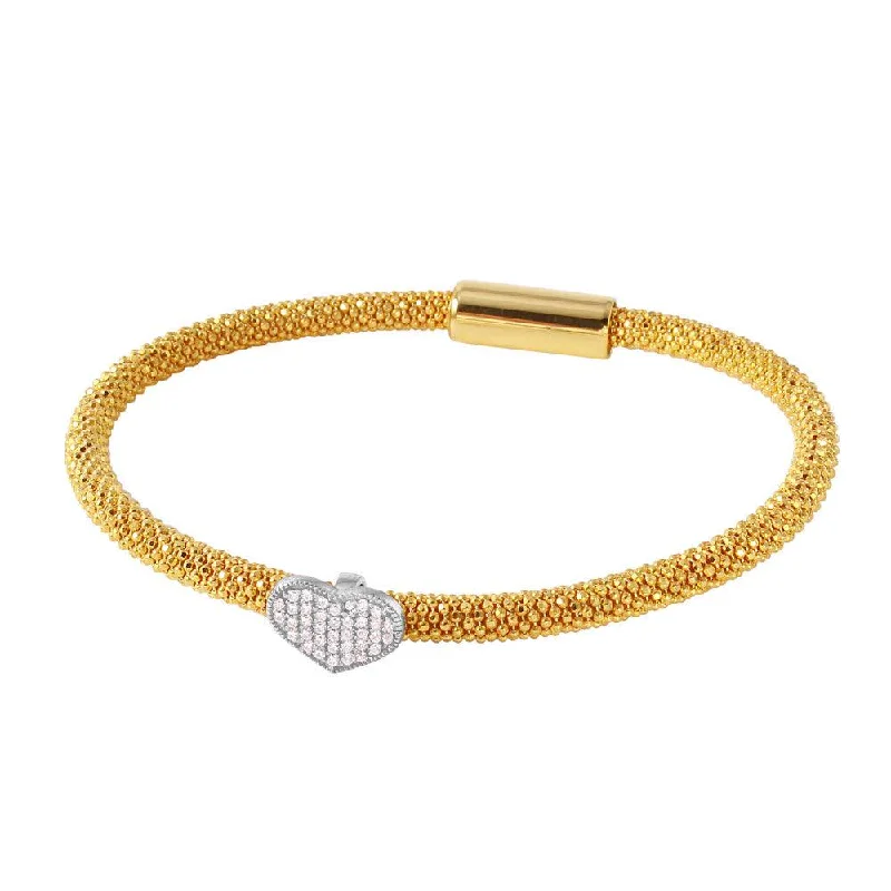 Ladies Bracelets for Casual Spark-Ladies Woven Leather Bracelets -Clearance-Silver 925 Gold Plated Bracelet With Rhodium Plated Heart and CZ Accents - ITB00177GP-RH