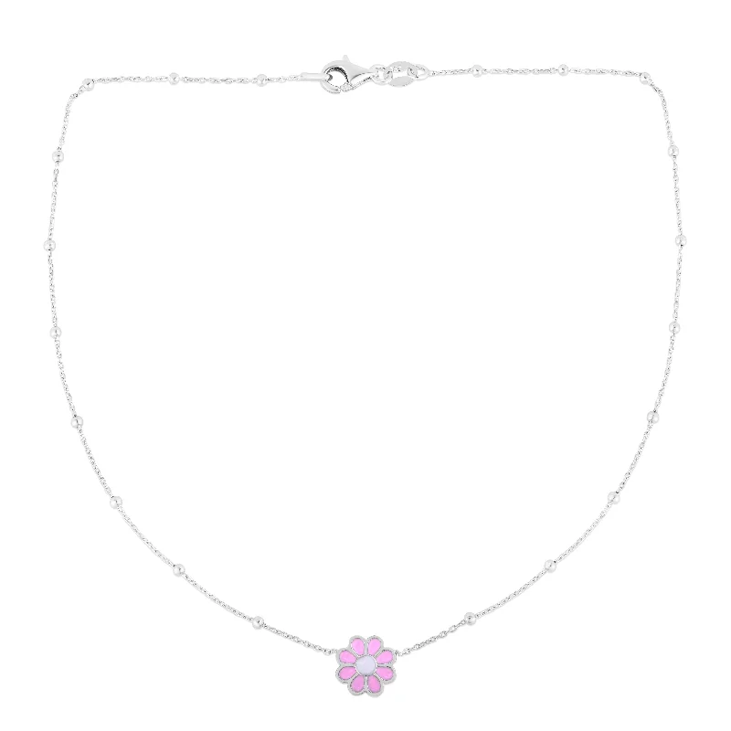 Ladies Necklaces Crafted Glow-Ladies Butterfly Charm Necklaces -Silver Enamel Pink Flower Necklace