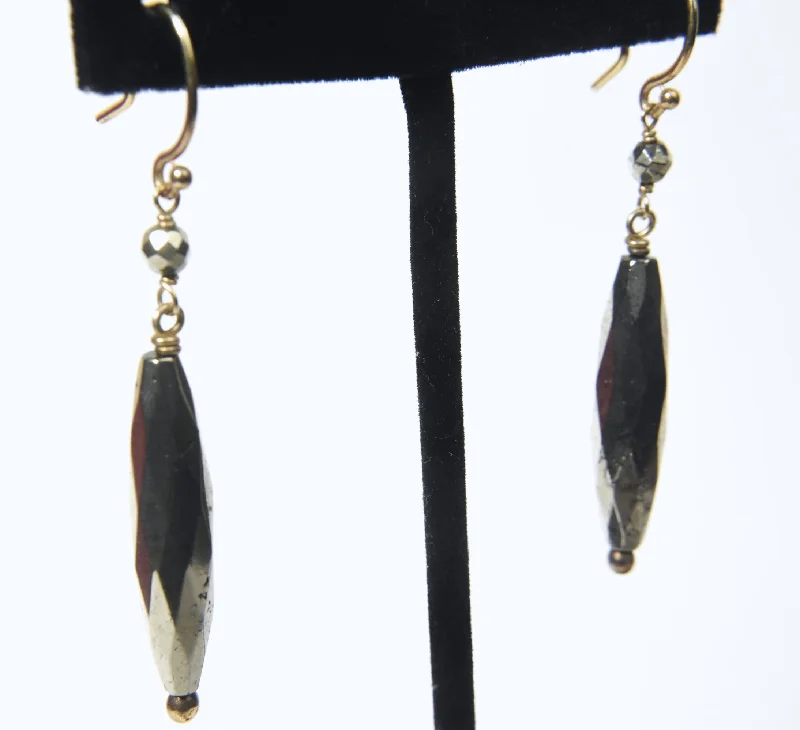 Ladies Hushed Tone Earrings -Ladies Earrings with Yellow Herderite-Long Pyrite Beaded Dangle Earrings