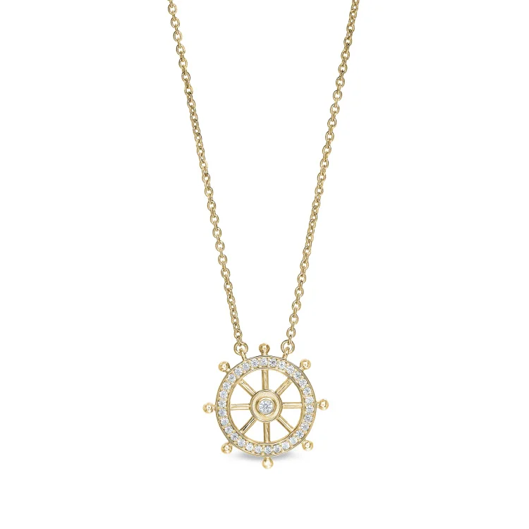 Ladies Necklaces with Hex Glow-Ladies Cottage Style Necklaces -Gold Finish Sterling Silver Micropave Ship's Wheel Necklace with Simulated Diamonds on 16" - 18" Adjustable Chain