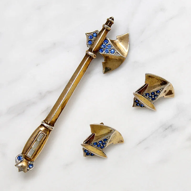 Ladies Sharp Geometric Earrings -Ladies Earrings with Cyan Kyanite-Fierce & Fun Coro Battle Axe Brooch & Earring Set