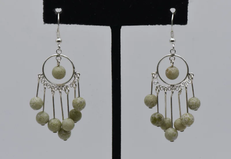 Ladies Lush Tropic Earrings -Ladies Earrings with Clear Natrolite-Vintage Sterling Silver Serpentine Bead Dangle Earrings