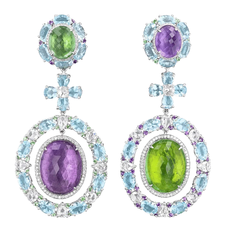 Ladies Rustic Pine Earrings -Ladies Earrings with Grey Pollucite-Tourmaline, Aquamarine, Amethyst and Tsavorite Garnet Earrings