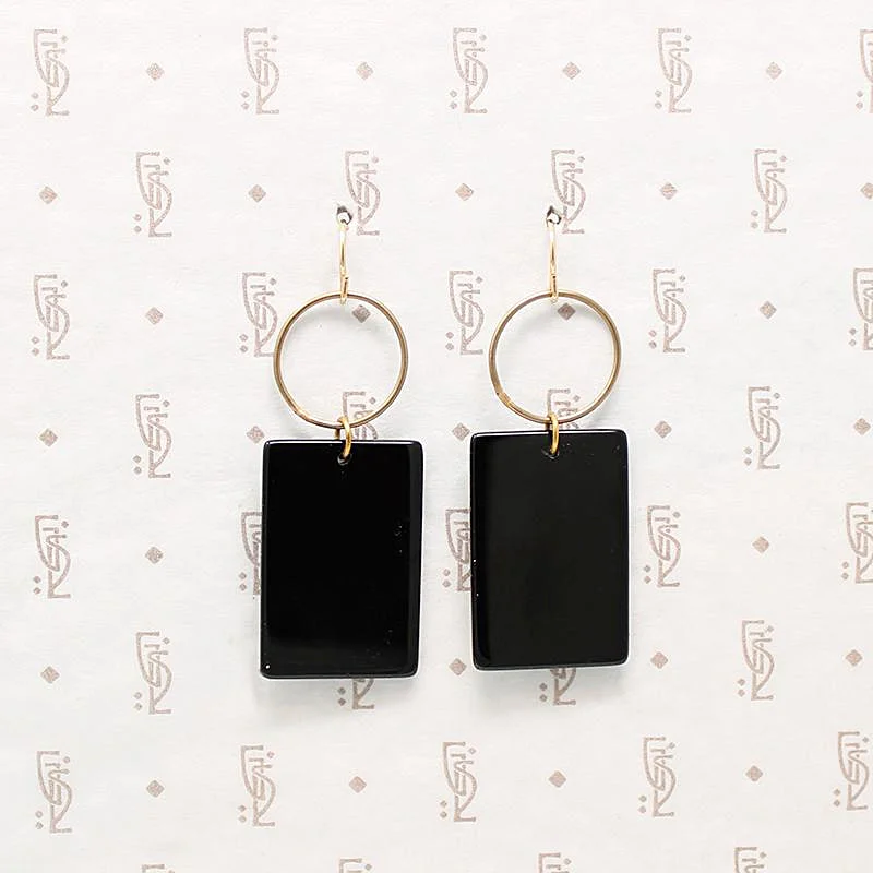 Ladies Carved Message Earrings -Ladies Earrings Retro Glow-Bold Brass & Onyx Geometric Earrings by Brin