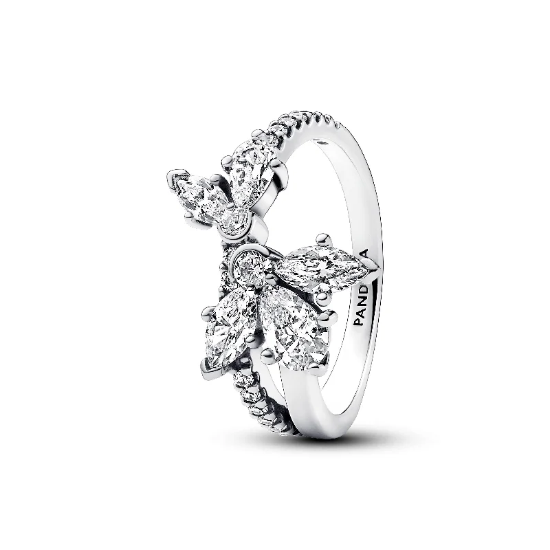 Ladies Platinum Finish Rings -Ladies Rings Always Shine-Pandora Sparkling Asymmetrical Herbarium Cluster Ring 193023C01