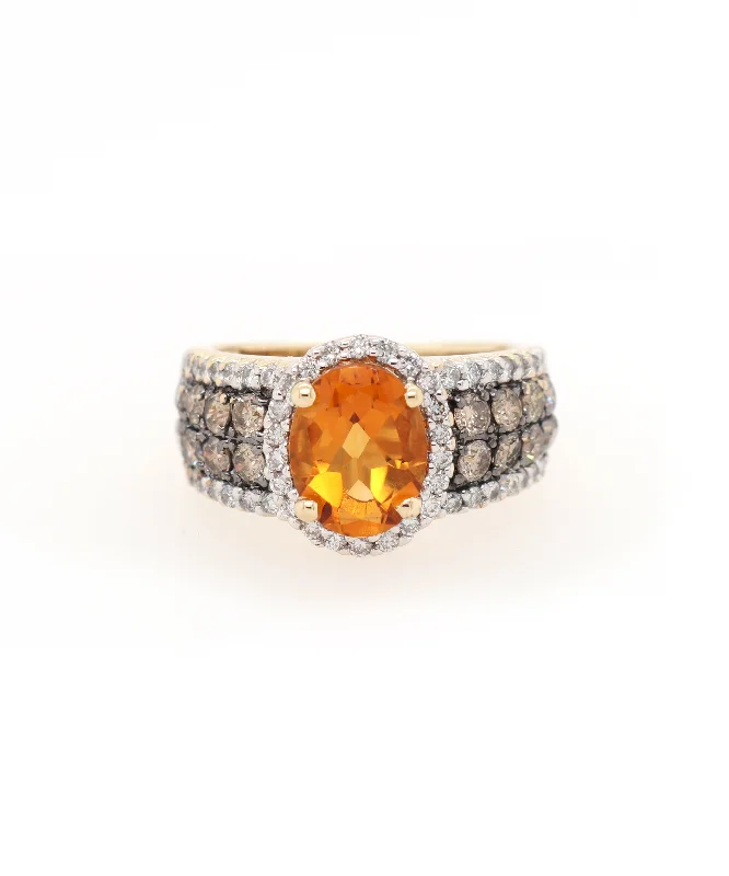 Ladies Hushed Tone Rings -Ladies Rings with Yellow Herderite-Le Vian 1.86ct Oval Citrine and 0.85ctw White & Chocolate Diamond Frame Ring 14K