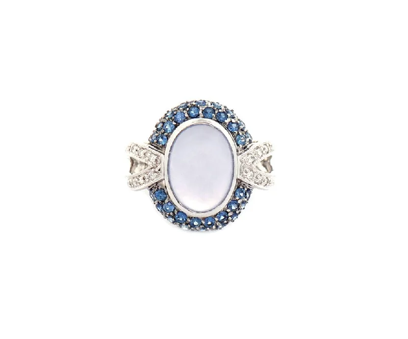 Ladies Weighty Solid Rings -Ladies Rings with Angel Glow-Chalcedony Cabochon Sapphire and 0.10ctw Diamond Frame Ring in 14K