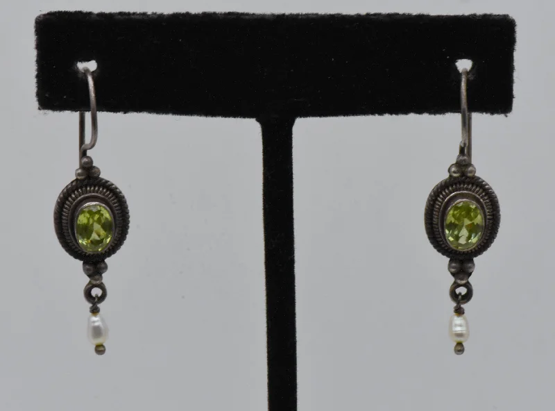 Ladies Blush Pink Earrings -Ladies Earrings with Clear Zircon-Vintage Faux Peridot and Pearl Sterling Silver Dangle Earrings