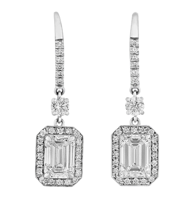 Ladies Bold Confidence Earrings -Ladies Earrings with Feather Glow-Emerald Cut Diamond Drop Earrings, 2.17 carats