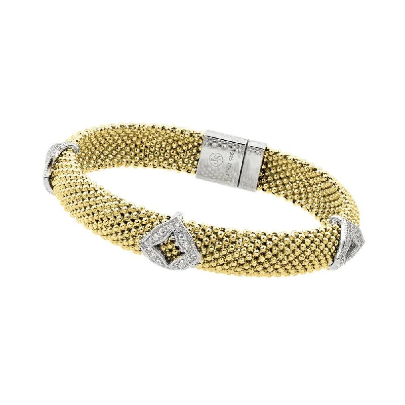 Ladies Bracelets with Coral Spark-Ladies Flexible Fit Bracelets -Clearance-Silver 925 Gold Plated Micro Pave Diagonal Square Clear CZ Beaded Italian Bracelet - PSB00004GP