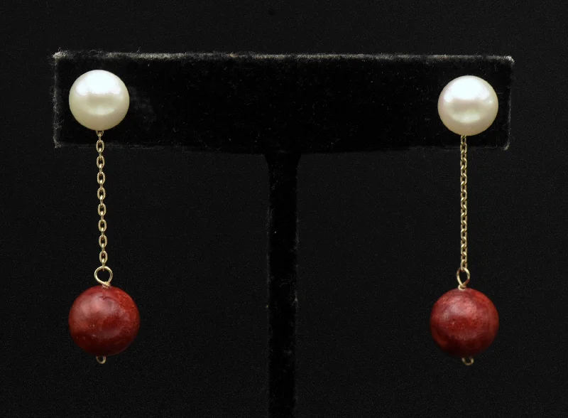 Ladies Majestic Elephant Earrings -Ladies Earrings with Mint Serpentine-Vintage 14K Gold Red Coral and Cultured Pearl Earrings