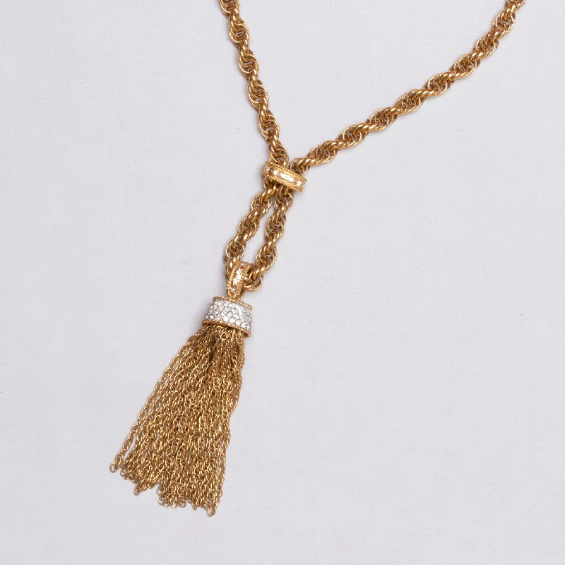 Ladies Necklaces for Grandma Spark-Ladies Braided Texture Necklaces -Vintage Gold-tone Diamante Tassel Necklace