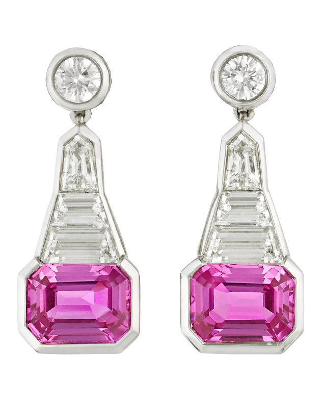 Ladies Casual Day Earrings -Ladies Earrings with Black Onyx-Pink Sapphire Dangle Earrings, 3.60 Carats