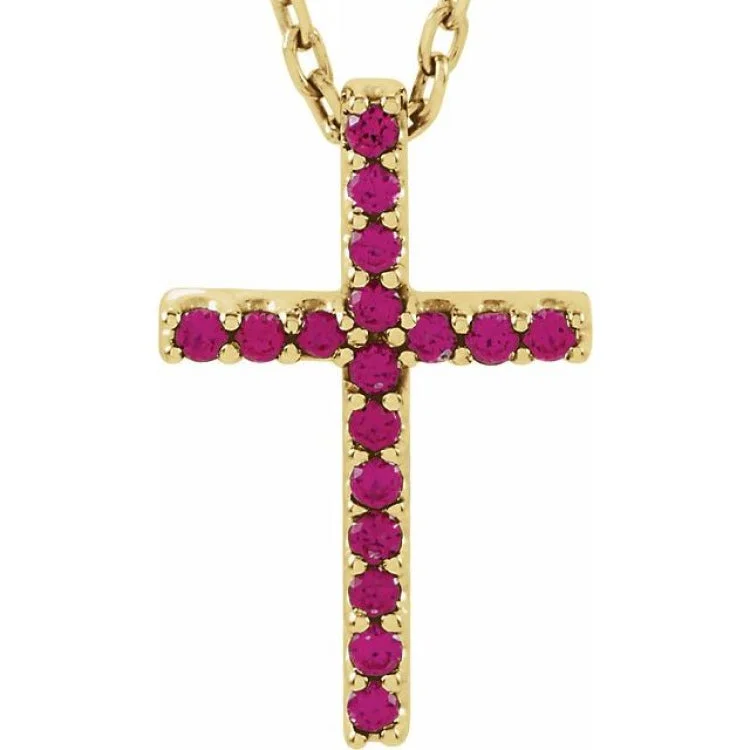 Ladies Necklaces with Red Spinel-Ladies Broad Band Necklaces -14K Yellow Natural Ruby Petite Cross 16" Necklace