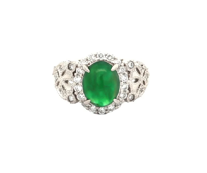 Ladies Gala Night Rings -Ladies Rings for Night Shine-2.05ct Jade and 0.50ctw Diamond Frame Milgrain Heirloom Ring in Platinum