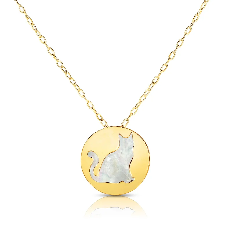 Ladies Necklaces for Mom Glow-Ladies Subtle Chain Necklaces -14K Gold Cat Mother of Pearl Necklace