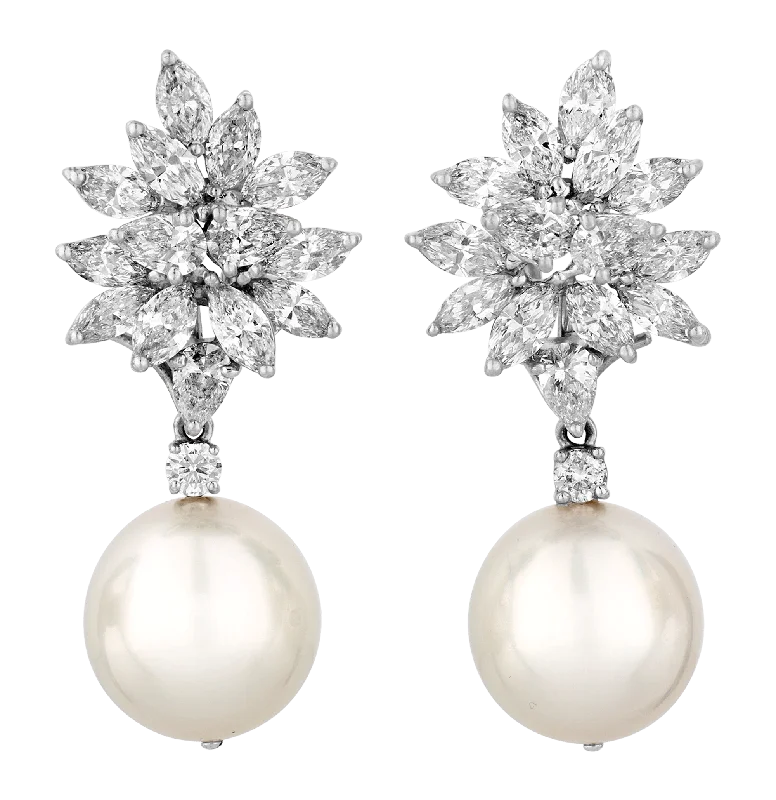 Ladies Power Core Earrings -Ladies Earrings with Green Clinozoisite-South Sea Pearl and Diamond Earrings, 15.5-16mm