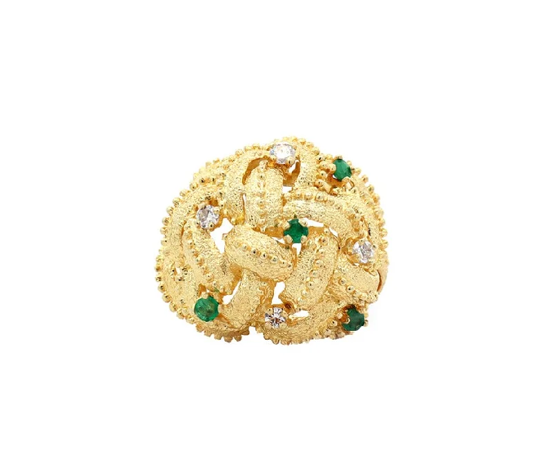 Ladies Calm Zen Rings -Ladies Rings with Plum Axinite-0.16ctw Emerald and 0.30ctw Diamond Woven Cocktail Ring in 14K