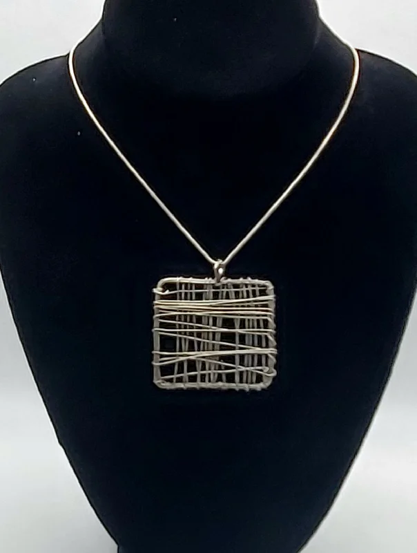 Ladies Necklaces Wave Spark-Ladies Retro Style Necklaces -Handmade Wire Wrapped Square Pendant on Silver Tone Chain Necklace - 17"