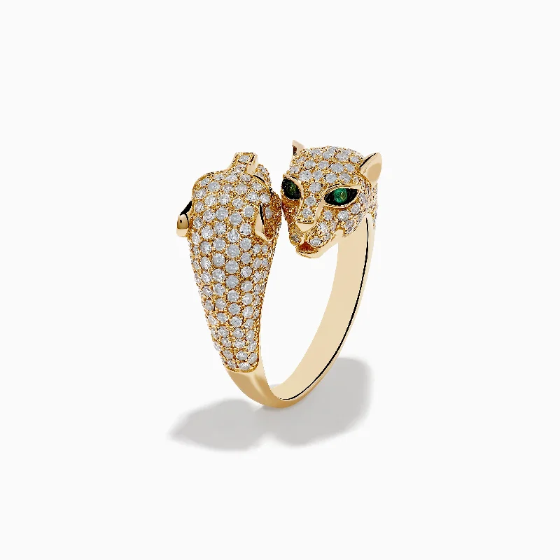 Ladies Prism Rainbow Rings -Ladies Rings for Beach Spark-Signature 14K Yellow Gold Diamond and Emerald Panther Ring