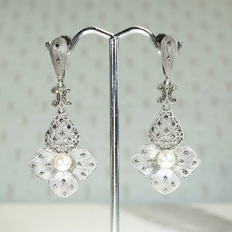 Ladies Glass Shine Earrings -Ladies Earrings with Amber Scapolite-Fabulous Fahrner Silver, Pearl & Marcasite Flower Earrings