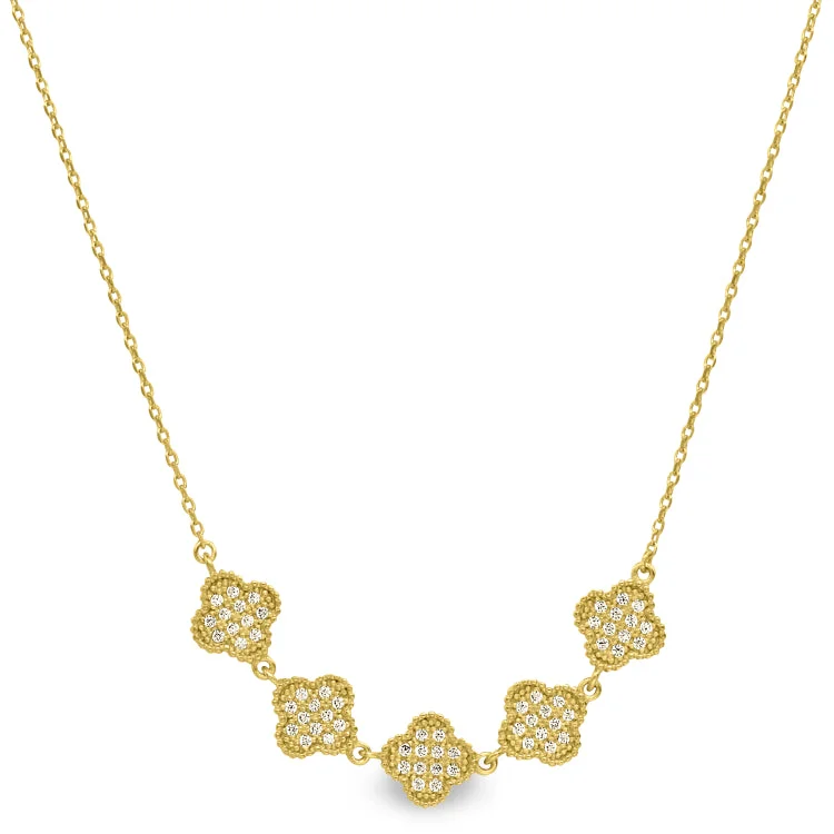 Ladies Necklaces Wave Spark-Ladies Retro Style Necklaces -Gold Finish Sterling Silver Micropave Five Clover Necklace with Simulated Diamonds on 16"-18" Adjustable Chain