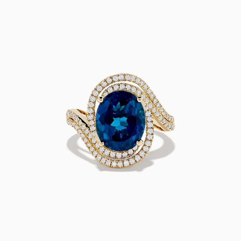 Ladies Natural Wood Rings -Ladies Rings with Bead Glow-Ocean Blue 14K Gold London Blue Topaz and Diamond Ring