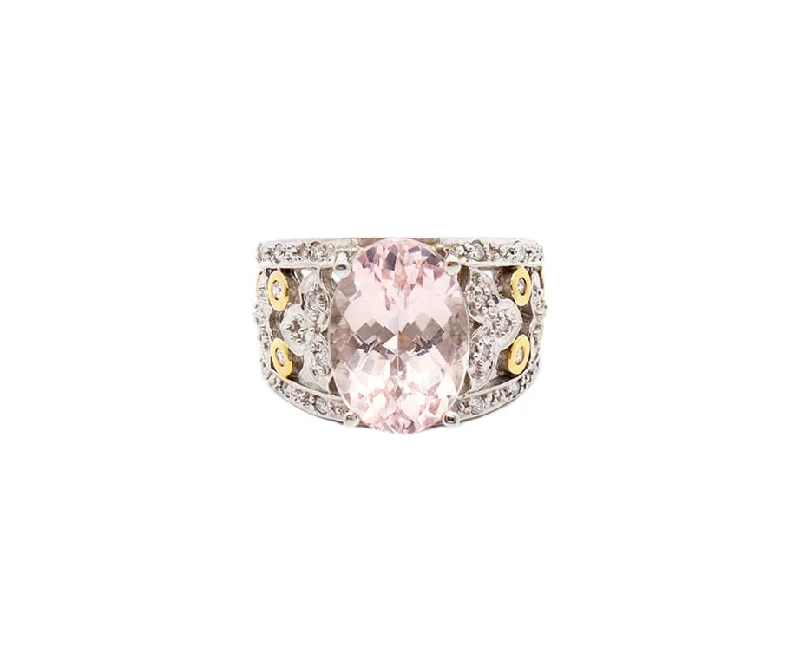 Ladies Orbital Path Rings -Ladies Rings for Music Spark-5.0ct Morganite and 0.15ctw Diamond Two Tone Filigree Ring in 14K