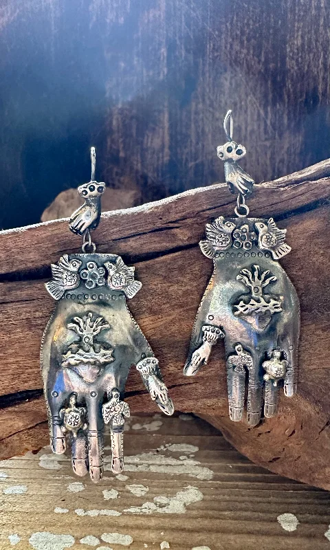 Ladies Opulent Luxe Earrings -Ladies Earrings Dual Spark-HANDS ON Federico Jimenez Mexican Silver Protective Hands Earrings