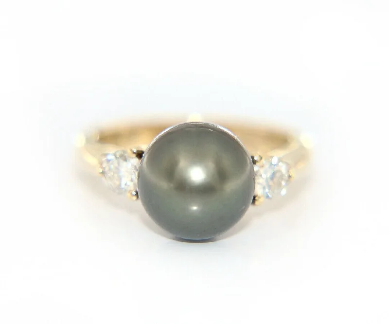 Ladies Velvety Smooth Rings -Ladies Rings for Bestie Spark-10.0MM Cultured Black Tahitian Pearl and Diamond Ring in 14K