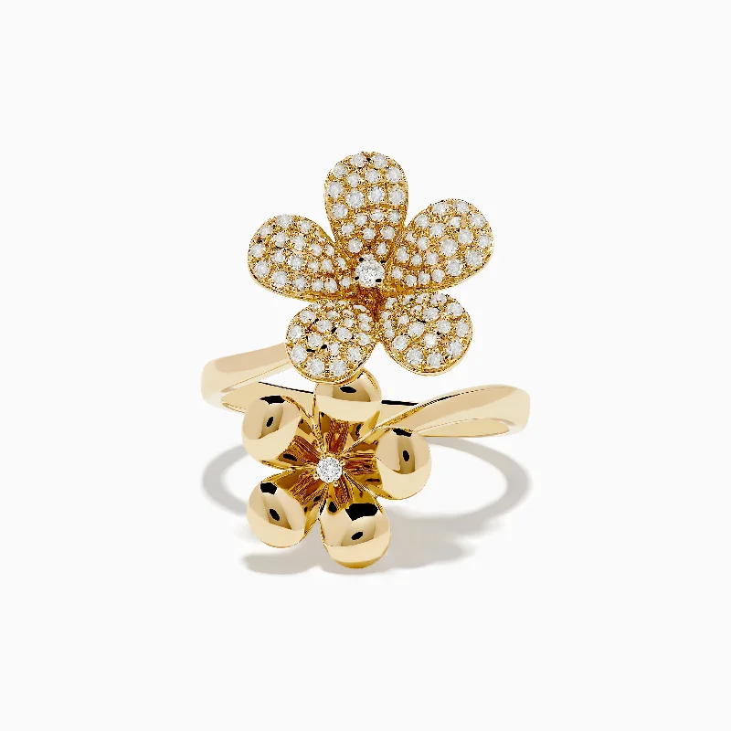 Ladies Starry Charm Rings -Ladies Rings for Summer Glow-Nature 14K Yellow Gold Diamond Flower Duet Ring