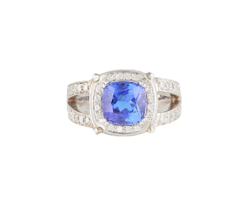 Ladies Motherly Gift Rings -Ladies Rings for Artist Glow-6.75ct Cushion Tanzanite and 1.25ctw Diamond Frame Split Shank Ring in 14K