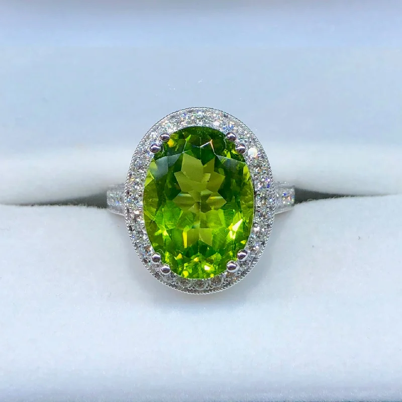 Ladies Rustic Pine Rings -Ladies Rings with Grey Pollucite-Peridot and Diamond Ring