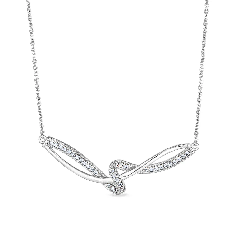 Ladies Necklaces for Love Spark-Ladies Eastern Charm Necklaces -Platinum Finish Sterling Silver Micropave Ribbon Swirll Necklace with Simulated Diamonds on 16" - 18" Adjustable Chain