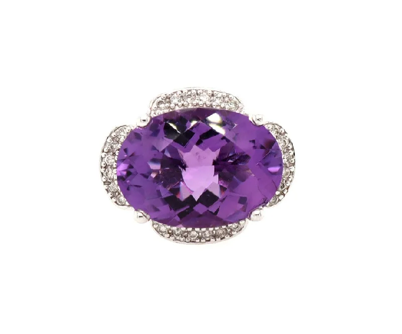 Ladies Uplifting Glow Rings -Ladies Rings with Blue Chalcanthite-11.0ct Oval Amethyst and 0.25ctw Diamond Frame Ring in 14K