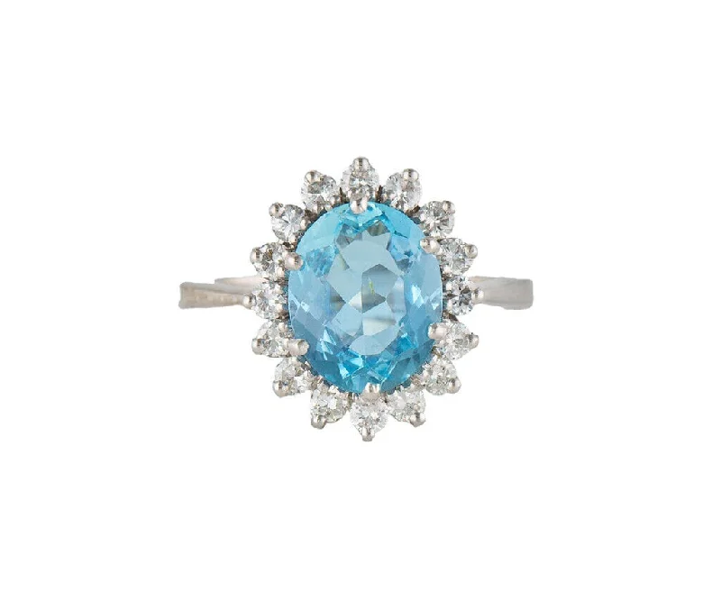 Ladies Radiant Crystal Rings -Ladies Rings with Bold Stones-3.00ct Oval Aquamarine and 0.50ctw Diamond Frame Starburst Ring in 14K