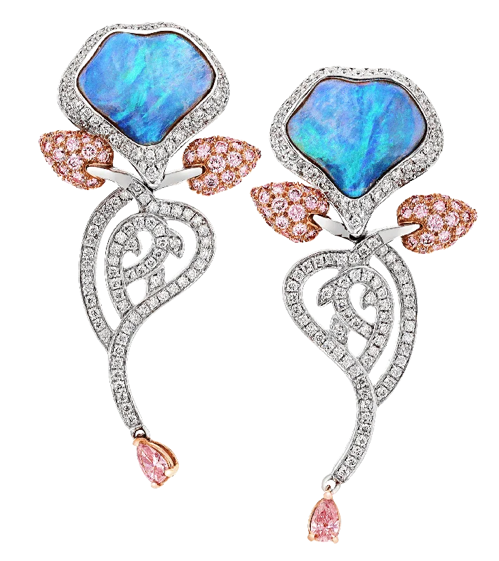 Ladies Sandy Shore Earrings -Ladies Earrings with Coral Kornerupine-Opal and Pink Diamond Floral Earrings